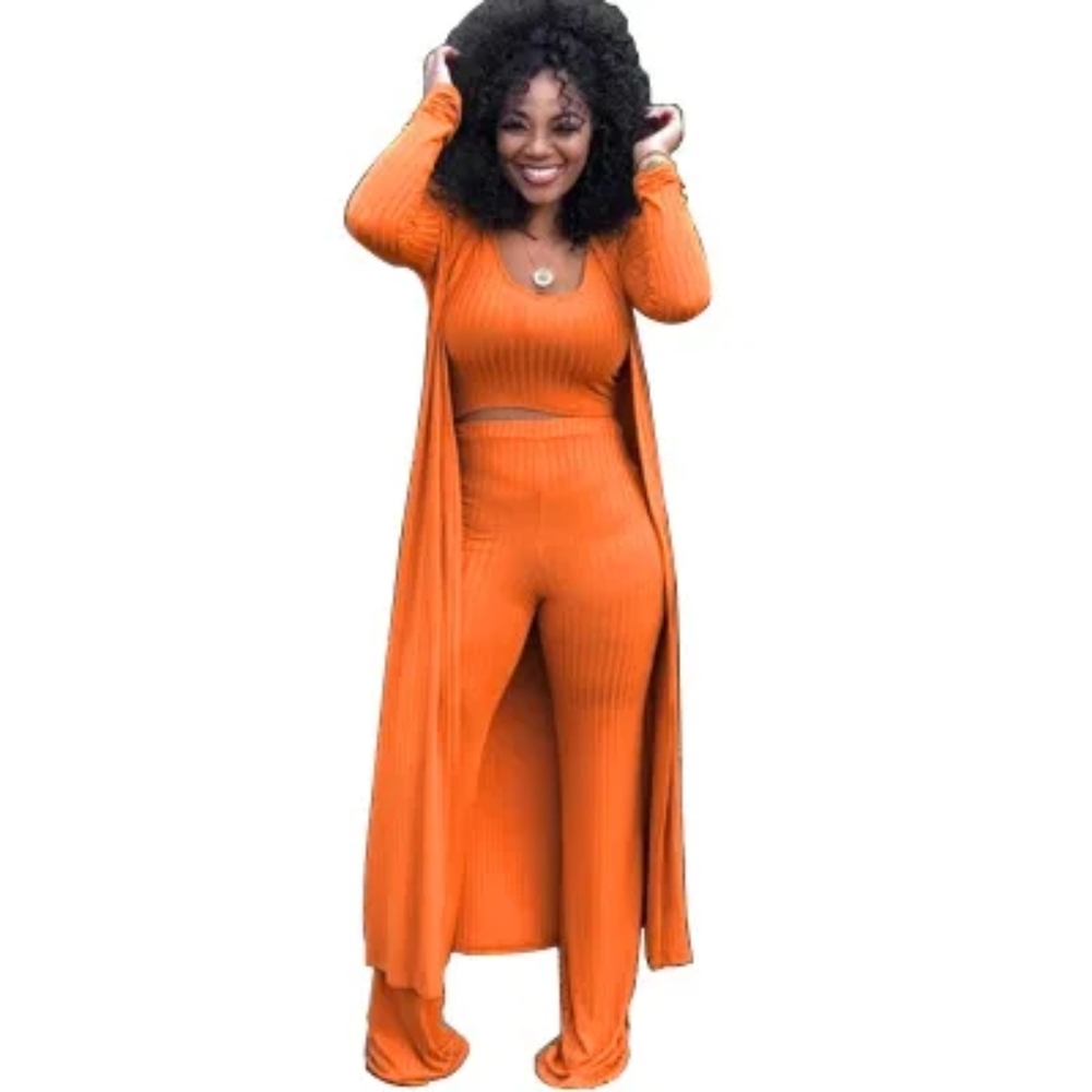 Women's Orange Ribbed Pants & Jumpsuit Set